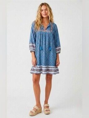 Cleobella Women's Magdalena Lotus Blue Floral Peasant Mini Dress S